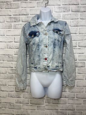 Chamur National Moonstruck Button Acid Wash Distressed Crop Jean Jacket Small